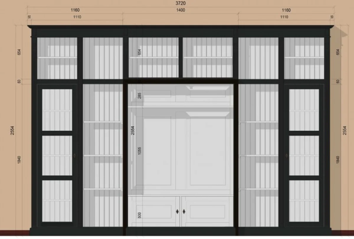 Casa Padrino luxury living room wall unit Black / White B 372 x H 255 cm bookcase shelving cabinet television TV - Art Deco Art Nouveau hotel furniture