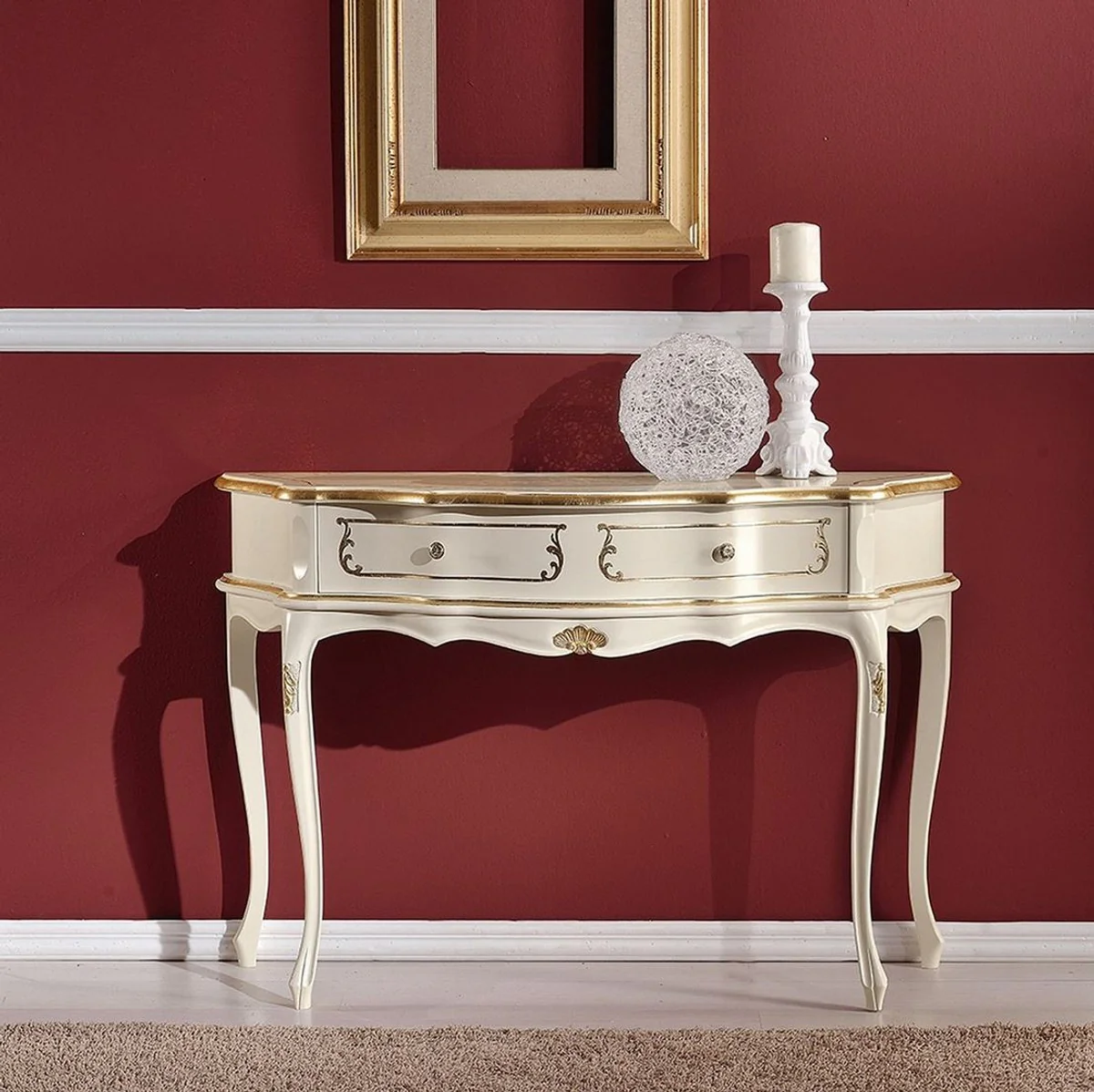 Casa Padrino consola barroco de lujo crema / oro - Mesa consola hecha a mano de madera maciza con caj¨®n - Muebles Barrocos - Calidad de Lujo - Hecho en Italia