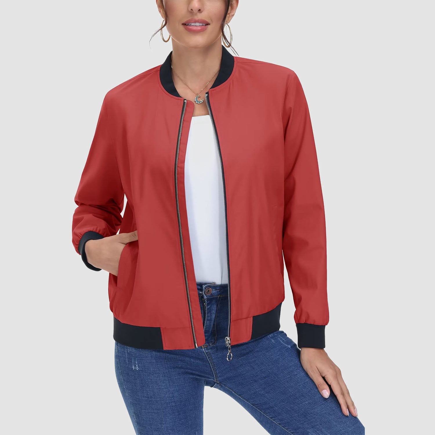 Women's Bomber Jacket Casual Zip Up Lightweight Coat Outerwear Windbreaker