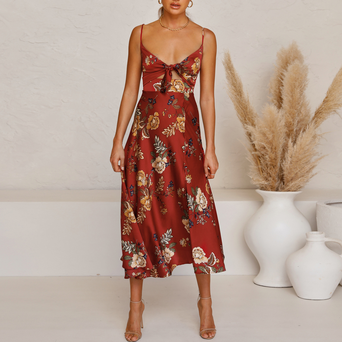 Fashion Temperament Printed Knotted Sling Dress