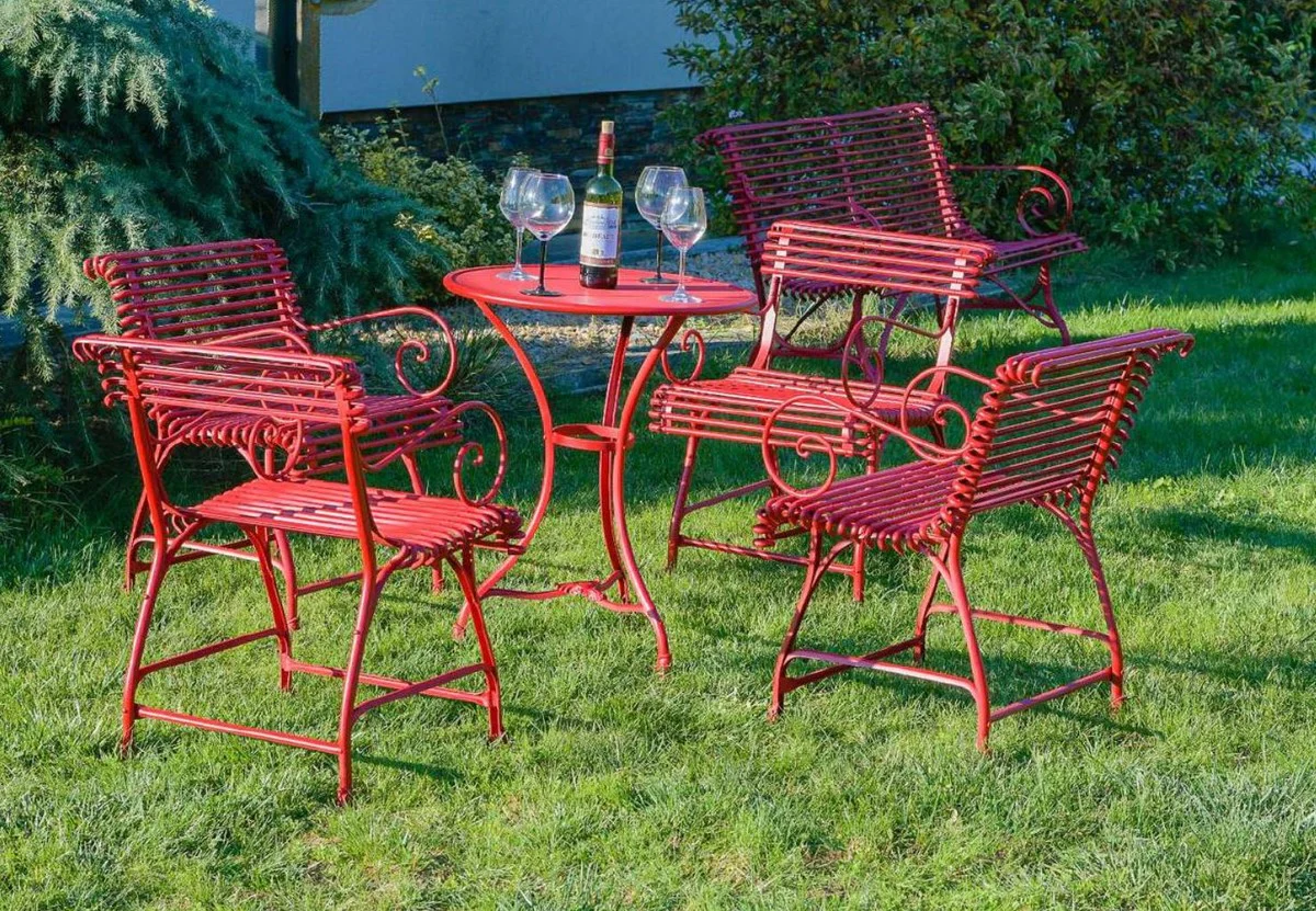 Casa Padrino conjunto de muebles de jard¨ªn Art Nouveau de hierro forjado rojo - 1 Mesa Bistr¨® Redonda de Jard¨ªn y 4 Sillas de Jard¨ªn con Reposabrazos - Muebles de Jard¨ªn Barrocos y Art Nouveau
