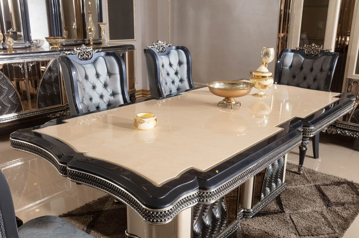 Casa Padrino conjunto de comedor barroco de lujo beige / azul claro / negro / oro - 1 Mesa de Comedor Barroco y 6 Sillas de Comedor Barrocos - Muebles de comedor de lujo en estilo barroco