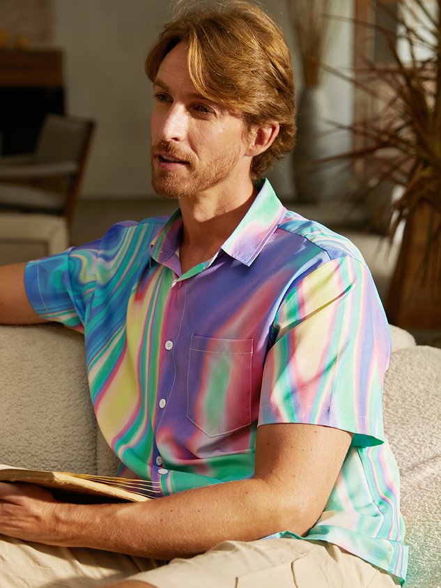 Gradient Color Chest Pocket Short Sleeve Casual Shirt