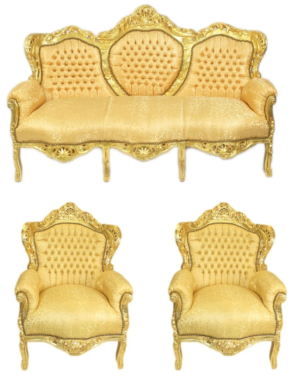 Conjunto de sala de estar barroca Casa Padrino Patr¨®n dorado / dorado - Sof¨¢ 3 plazas + 2 sillones