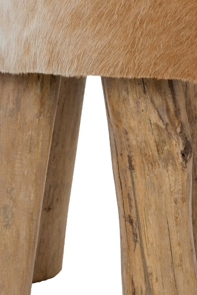 Casa Padrino taburete de piel de estilo campestre marrón / blanco / natural 30 x 30 x H. 45 cm - Taburete Sentado con Patas de Madera Maciza