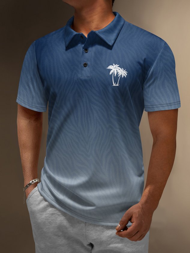 Gradient Coconut Tree Button Short Sleeve Vacation Polo Shirt