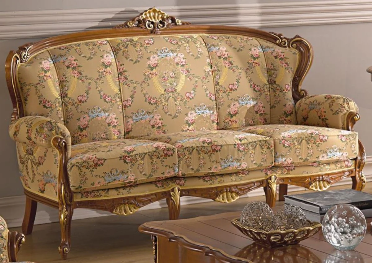 Casa Padrino sof¨¢ de sal¨®n barroco de lujo con estampado floral beige / multicolor / marr¨®n / oro 185 x 92 x A. 103 cm - Muebles de sal¨®n noble de estilo barroco