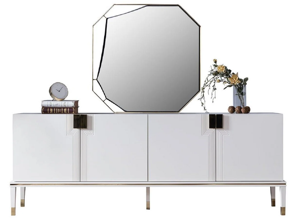 Casa Padrino conjunto de muebles de lujo blanco / oro - 1 Aparador con 4 Puertas y 1 Espejo - Muebles modernos de madera maciza - Colecci¨®n de Lujo