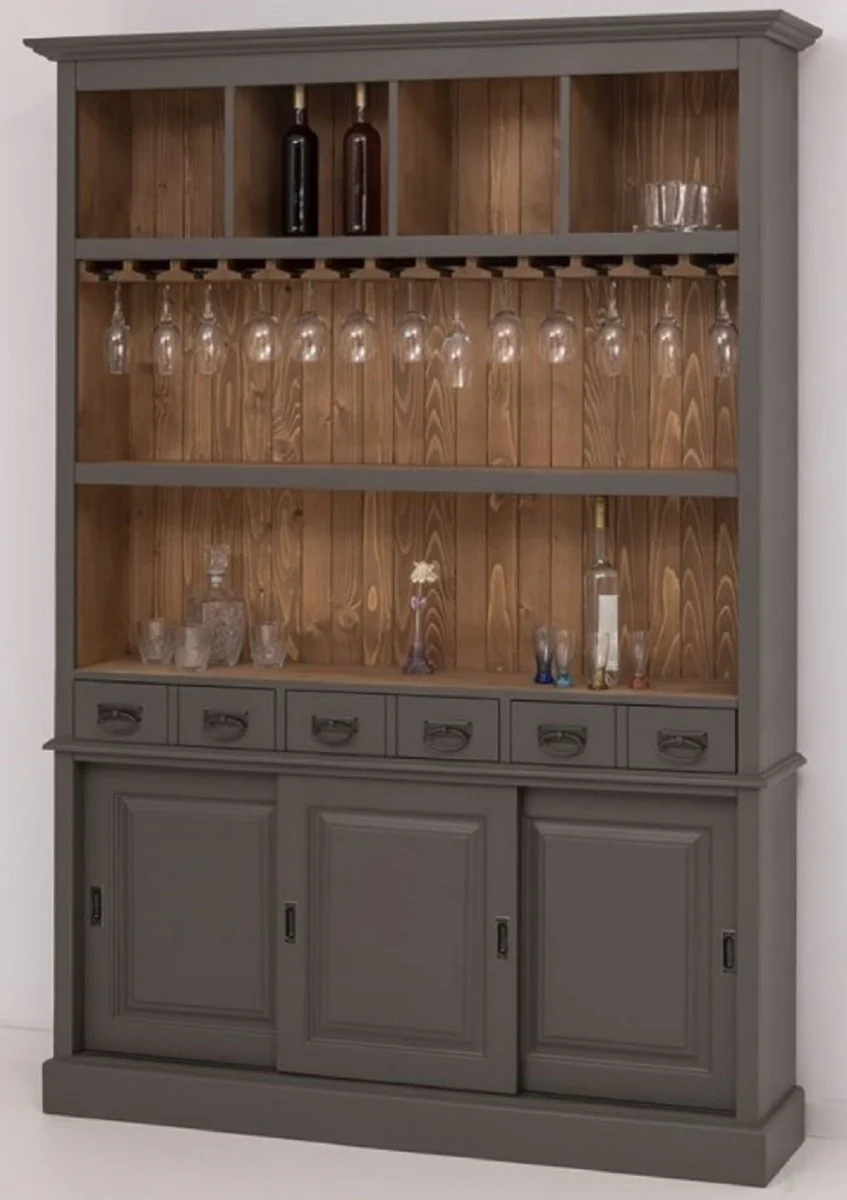 Casa Padrino armario de bar de madera maciza de estilo campestre gris oscuro / marr¨®n 151 x 36 x A. 210 cm - Gabinete de vino de madera maciza estilo campestre - Mueble bar de estilo campestre