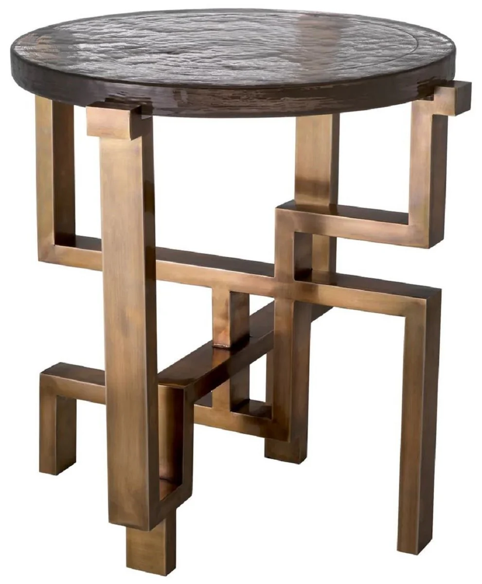Casa Padrino mesa auxiliar de lujo lat¨®n vintage ? 57 x A. 56 cm - Mesa redonda de acero inoxidable con tapa de vidrio - Muebles de lujo - Muebles de sal¨®n - Interiores de sal¨®n de lujo