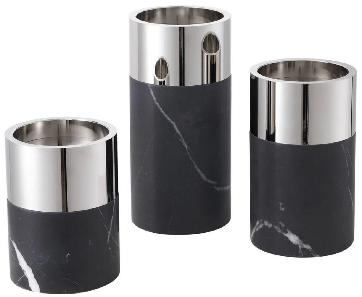 Casa Padrino Conjunto de Candelabros de Lujo Negro / Plata - 3 Candelabros Redondos de Mármol - Calidad de Lujo - Accesorios Decorativos