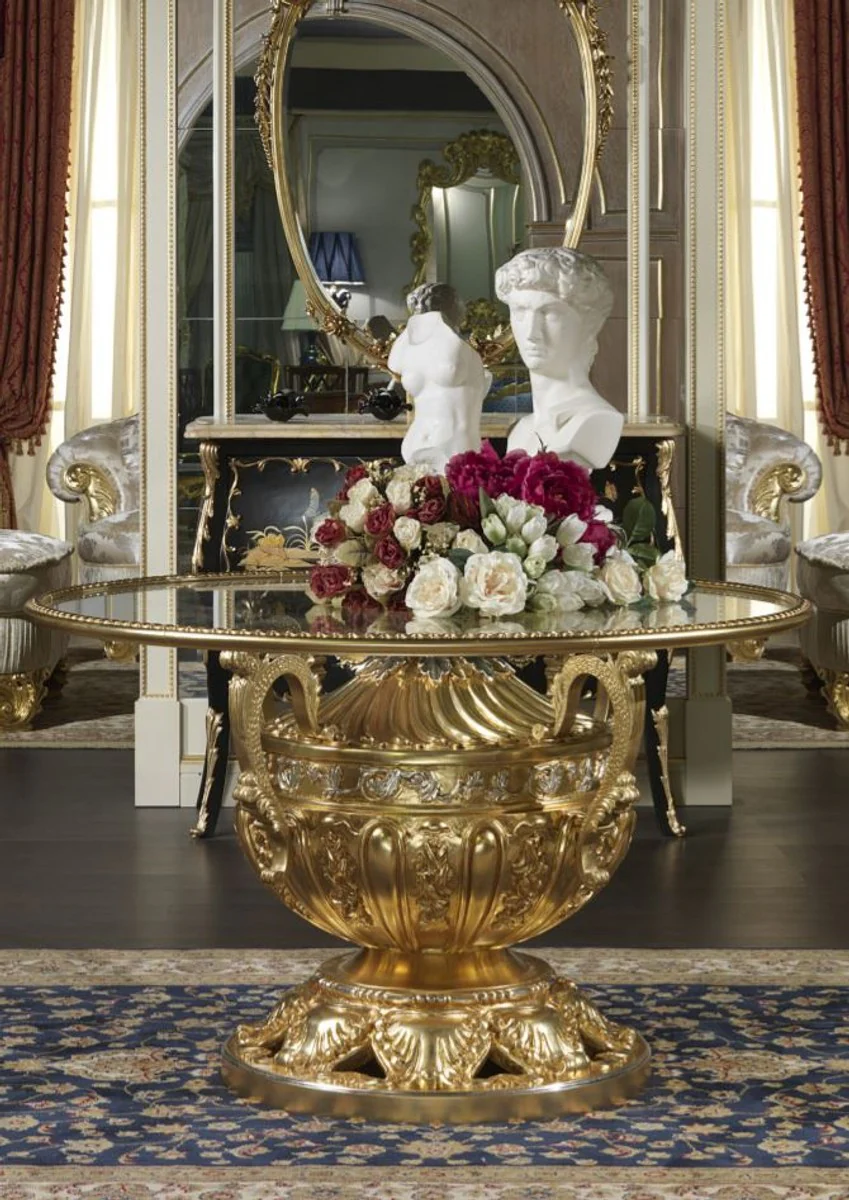 Casa Padrino mesa de comedor barroco de lujo oro / plata ? 120 x A. 78 cm - Mesa de comedor tallada a mano con tapa de vidrio - Muebles de castillo de restaurante de hotel - Calidad de Lujo