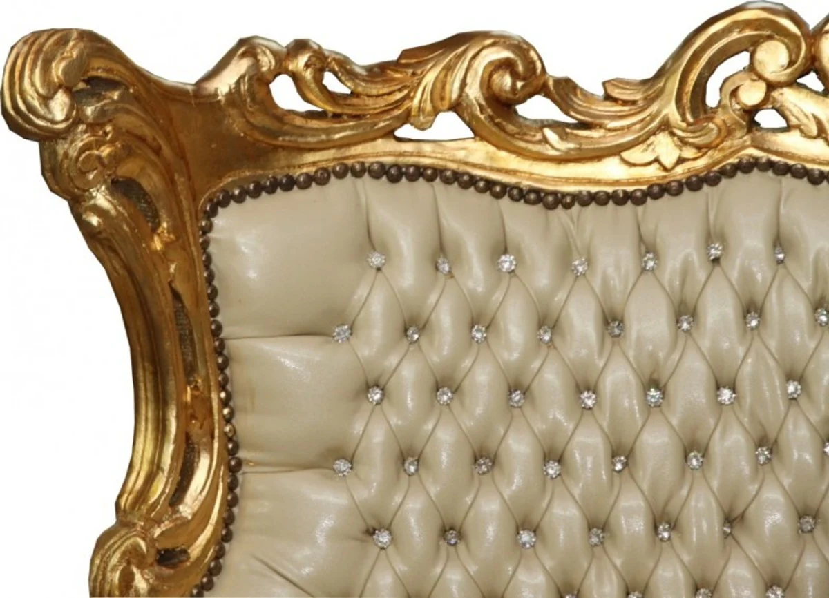 Casa Padrino Baroque 3 seater cream leather look master / gold bling bling rhinestones - Antique Style Furniture