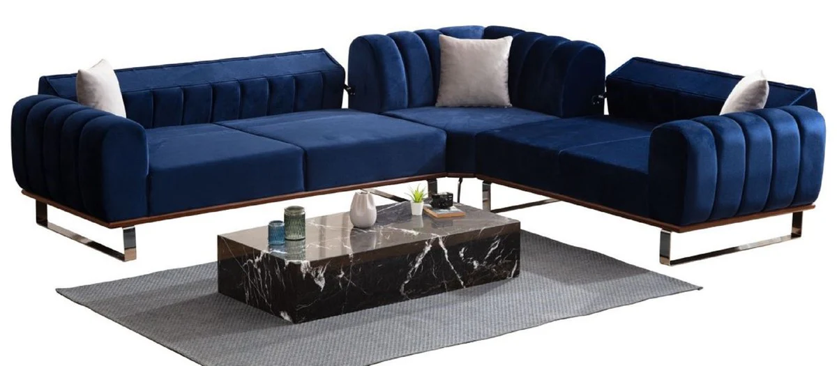 Casa Padrino sof¨¢ esquinero de lujo con respaldos ajustables azul / marr¨®n / plata 320 x 180 x A. 80 cm - Sof¨¢ de sal¨®n - Muebles de sal¨®n - Muebles de lujo