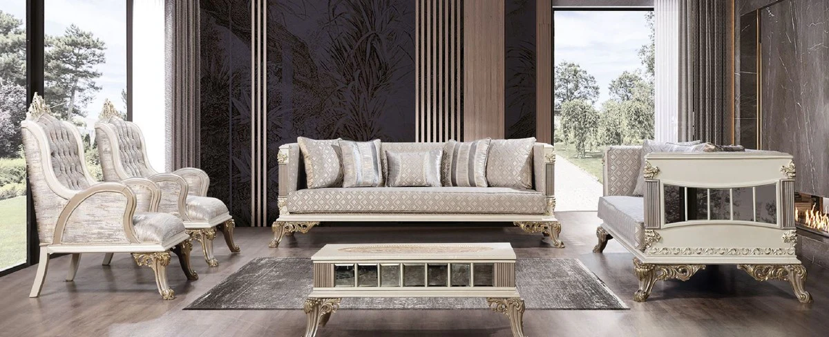 Casa Padrino conjunto de sala de estar barroco de lujo plata / blanco / gris / oro - 2 Sof¨¢s Barrocos y 2 Sillones Barrocos y 1 Mesa de Centro Barroco - Muebles de sal¨®n barroco