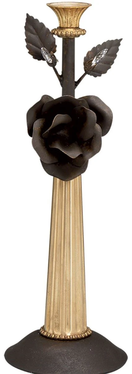 Casa Padrino portavela Art Nouveau oro antiguo / óxido Ø 14 x A. 40 cm - Elegante portavela con rosa decorativa y cristal Swarovski - Accesorios Decorativos Barrocos y Art Nouveau