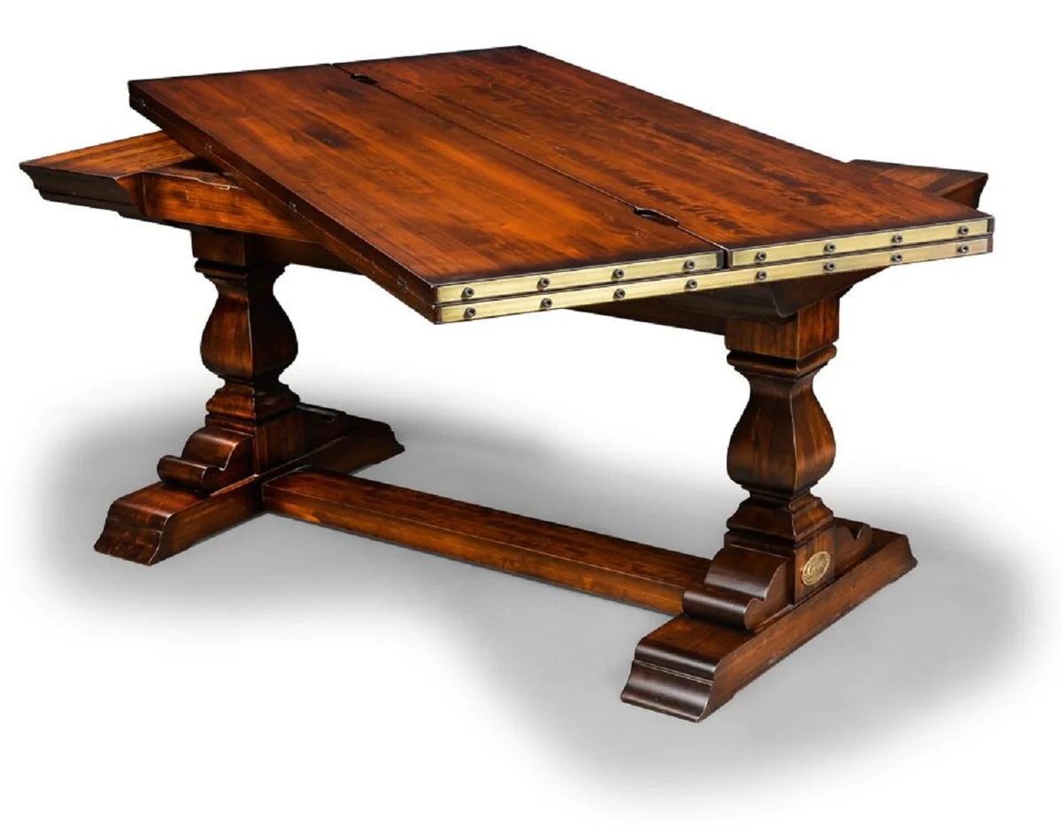 Casa Padrino mesa de comedor de estilo vintage de lujo marr¨®n / lat¨®n 180 x 85 x A. 78 cm - Mesa de comedor de madera maciza con tablero plegable - Muebles de comedor de estilo vintage de lujo