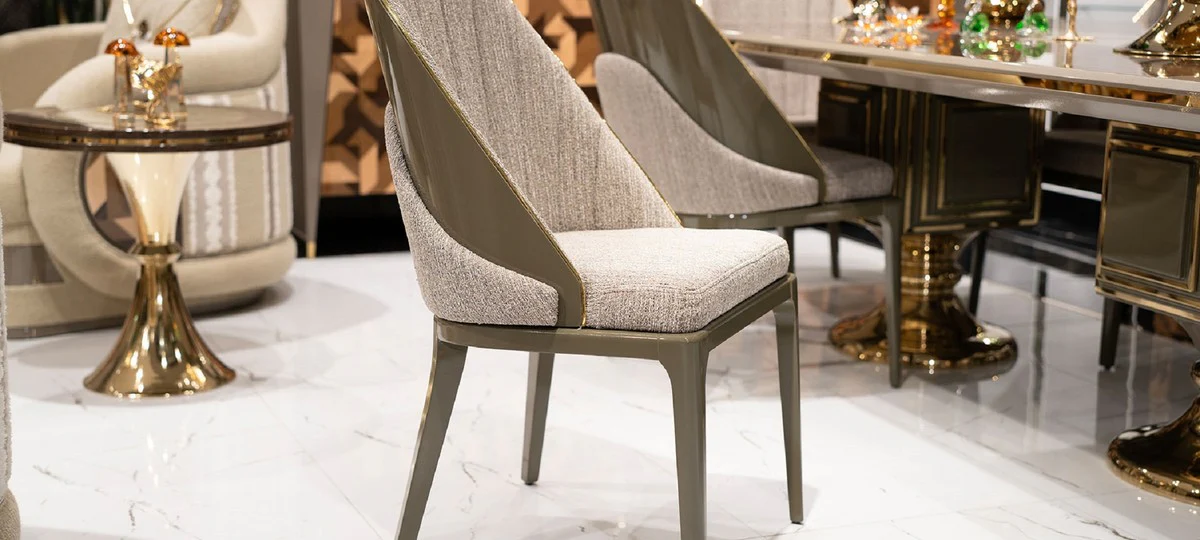 Casa Padrino conjunto de comedor de lujo gris / marr¨®n / oro - 1 Mesa de Comedor de Lujo y 6 Sillas de Comedor de Lujo - Muebles de comedor de lujo