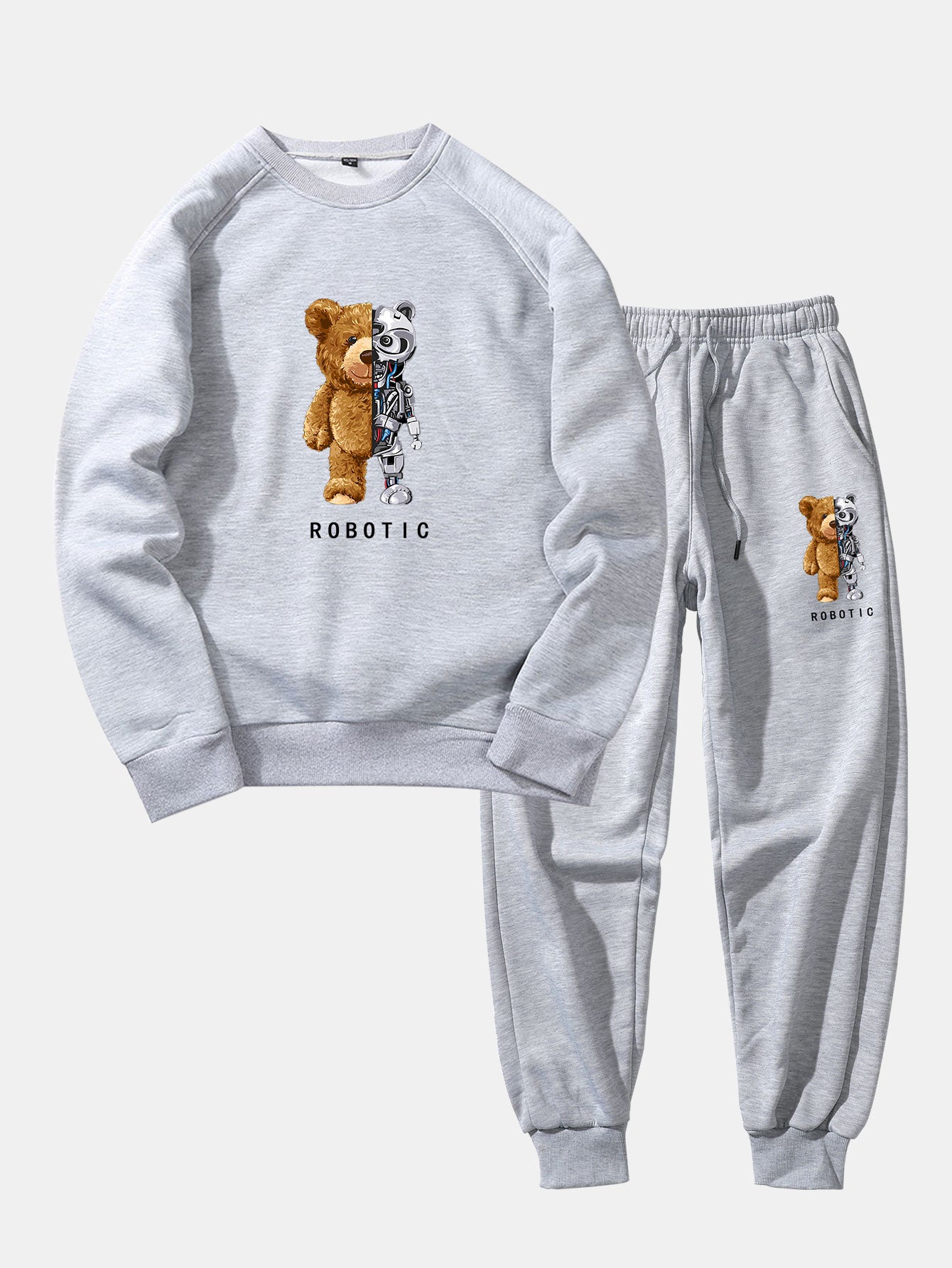 Robot Bear Print Raglan Sleeves Sweatshirt & Jogger Pants