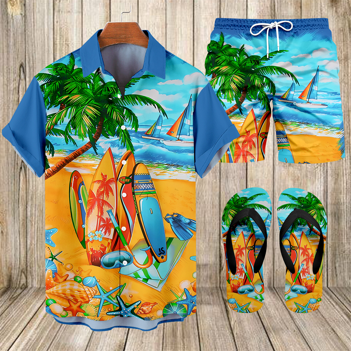 Suitmens Men's Tiki Party Hawaiian Vacation Print Three-Piece Set 021