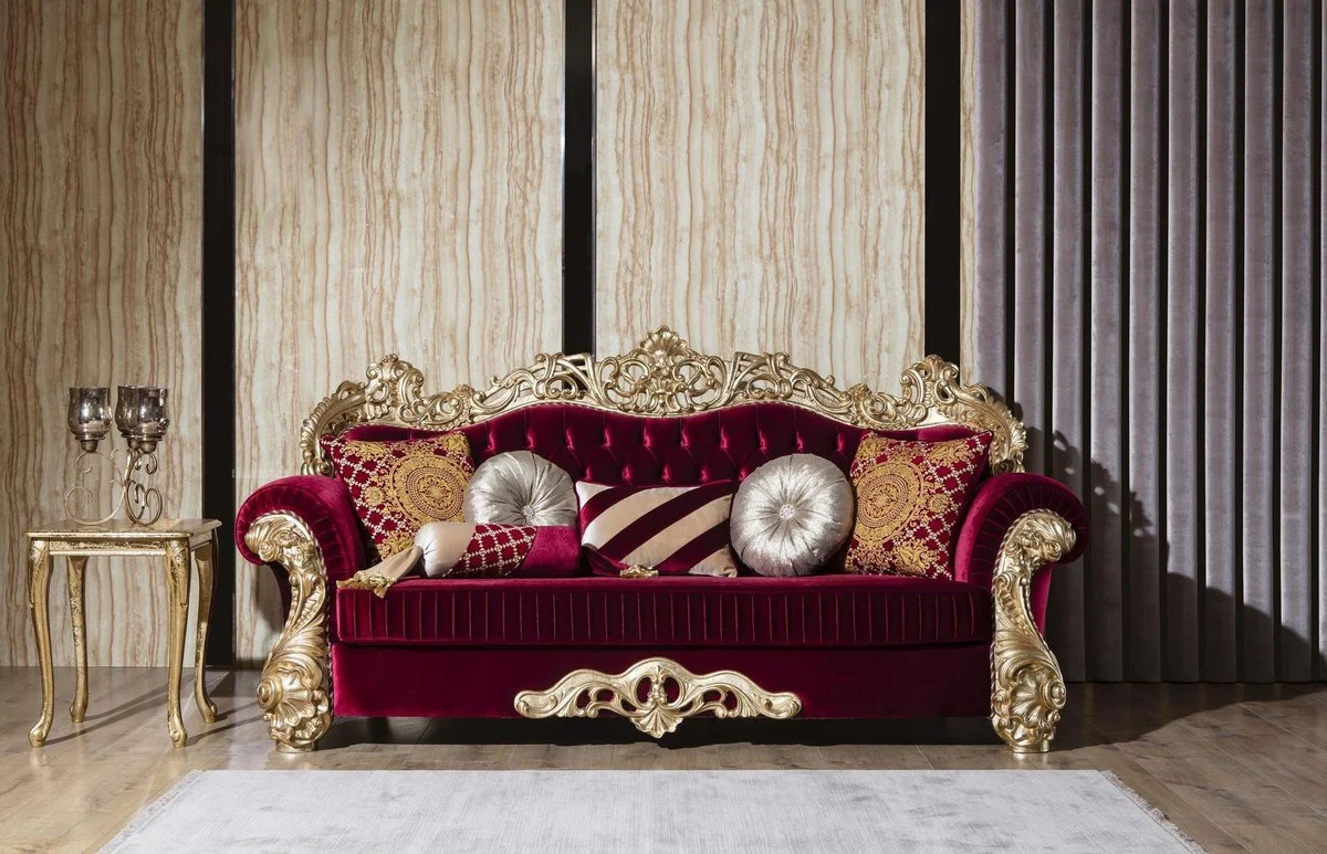 Casa Padrino sof¨¢ barroco de lujo rojo burdeos / oro 244 x 95 x A. 123 cm - Magn¨ªfico sof¨¢ de sal¨®n con cojines decorativos - Muebles de sal¨®n barrocos