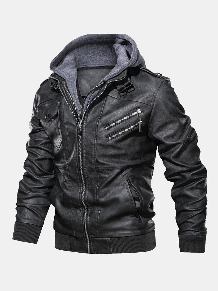 Detachable Hooded Zip Up PU Leather Jacket