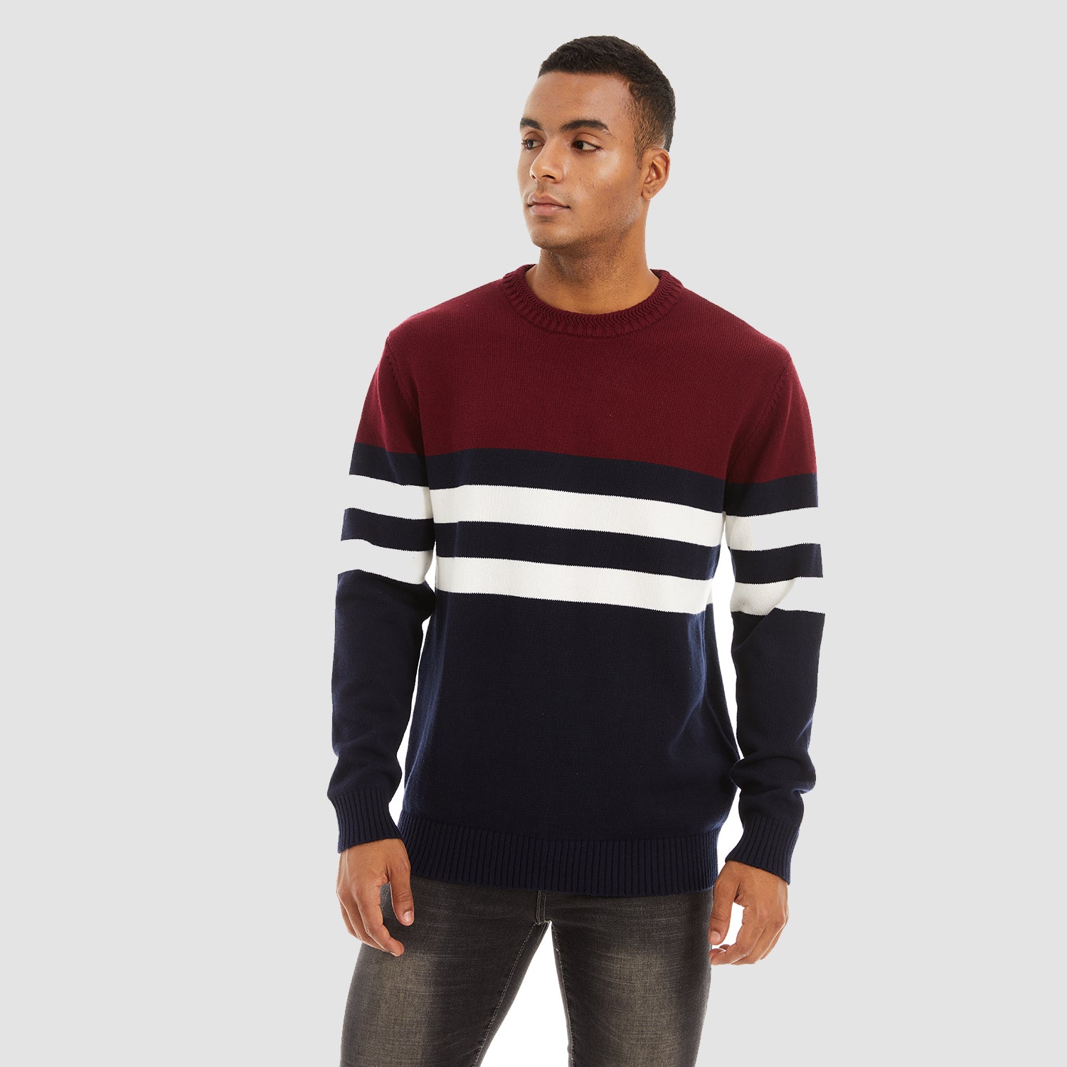 Men's Crewneck Sweater Soft Thermal Knitted Sweatshirt Color Block Striped