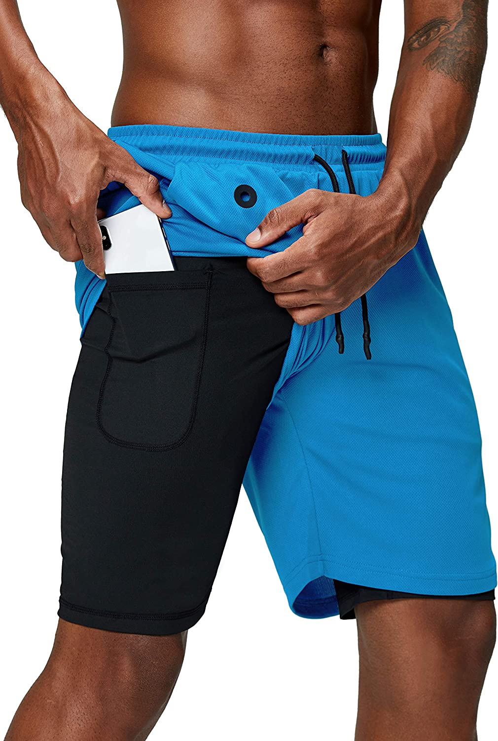 Men's 2 in 1 Running Shorts Gym Workout Quick Dry Mens Shorts with Phone Pocket