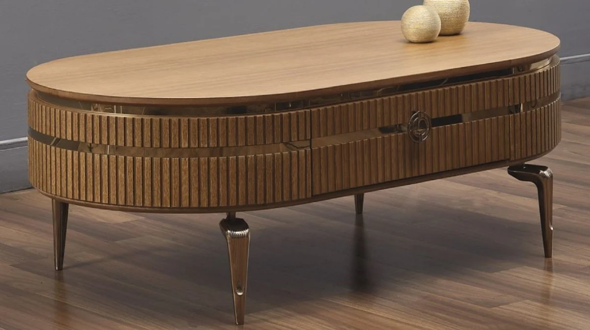 Casa Padrino mesa de centro Art Deco de lujo marr¨®n claro / oro 120 x 67 x A. 42 cm - Mesa de sal¨®n ovalada con caj¨®n - Muebles de sal¨®n - Muebles Art Deco - Muebles de lujo