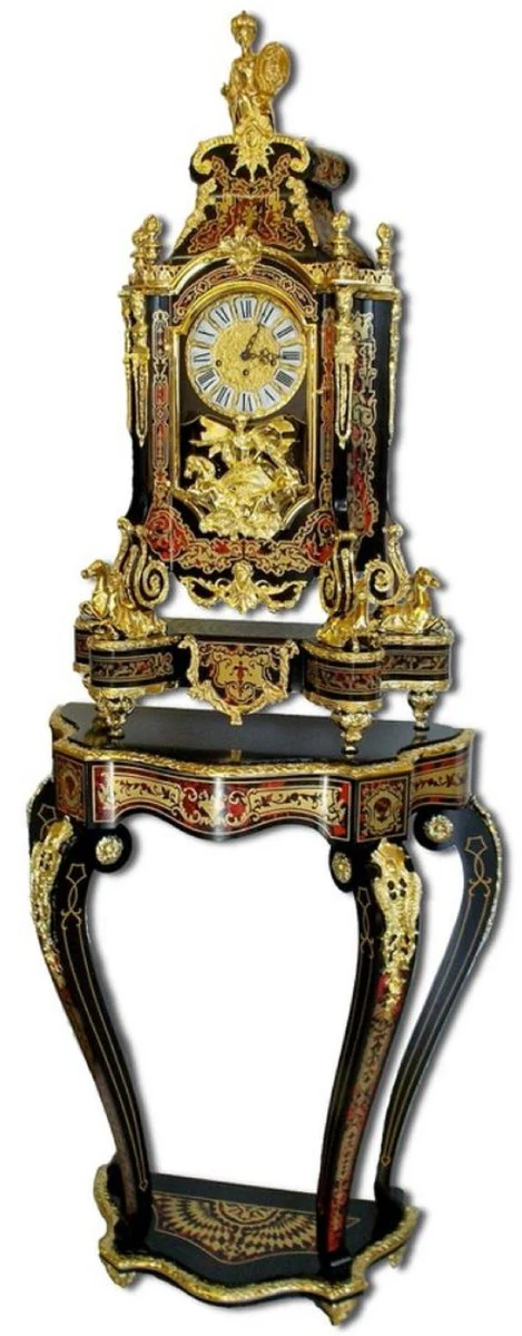 Casa Padrino consola boulle barroco de lujo con reloj de mesa negro / rojo / oro 80 x 35 x A. 208 cm - Consola de madera maciza hecha a mano con reloj - Muebles Barrocos - Noble y Magn¨ªfico