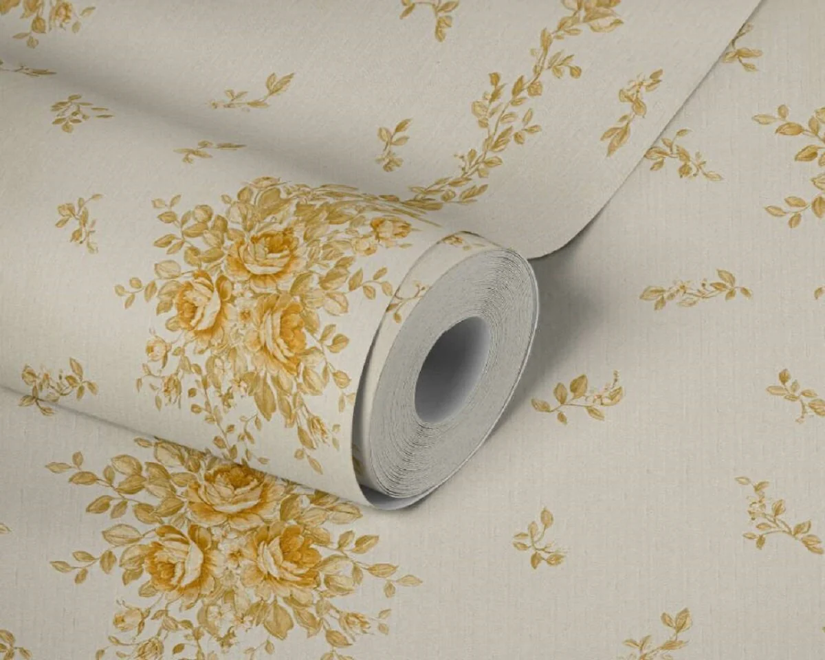 Casa Padrino papel pintado barroco no tejido crema / beige / oro - Papel pintado de salón de estilo barroco con elegante patrón floral - Decoración de pared barroco