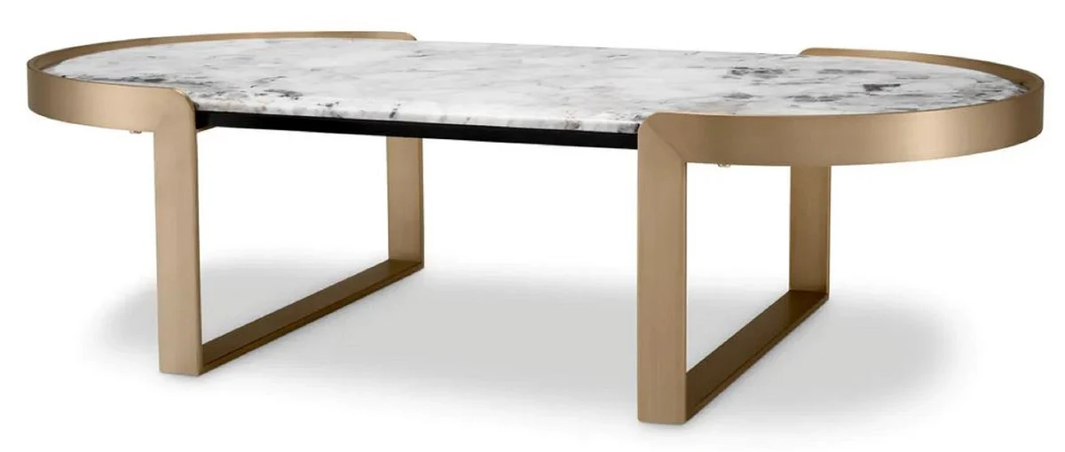 Casa Padrino mesa de centro de lujo lat¨®n / blanco 120 x 60,5 x A. 32,5 cm - Mesa de sal¨®n ovalada con tapa de m¨¢rmol - Muebles de sal¨®n - Muebles de lujo - Colecci¨®n de lujo