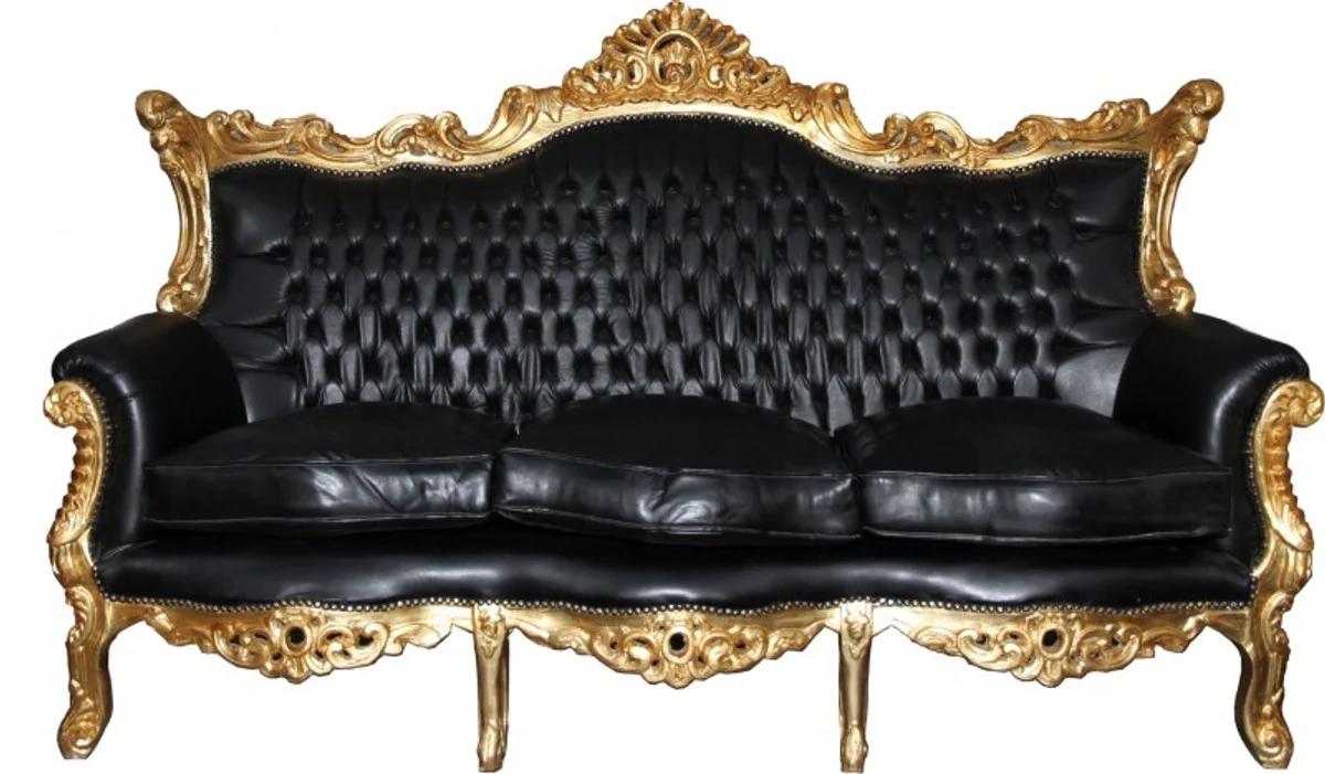 Casa Padrino Baroque master 3 seater black / gold leather look Mod2 - Limited Edition - living room sofa furniture Lounge