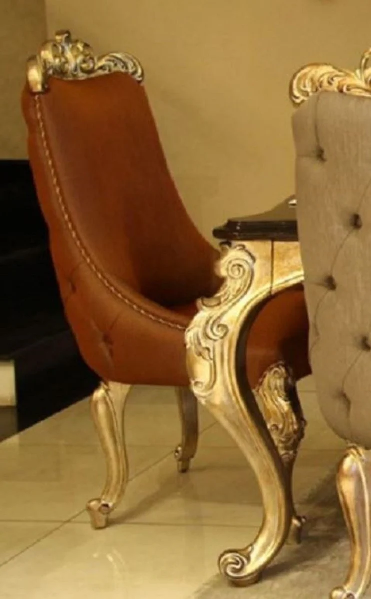 Casa Padrino silla de comedor barroco de lujo marr¨®n / oro - Silla de cocina de madera maciza hecha a mano con piel genuina noble - Muebles de comedor en estilo barroco