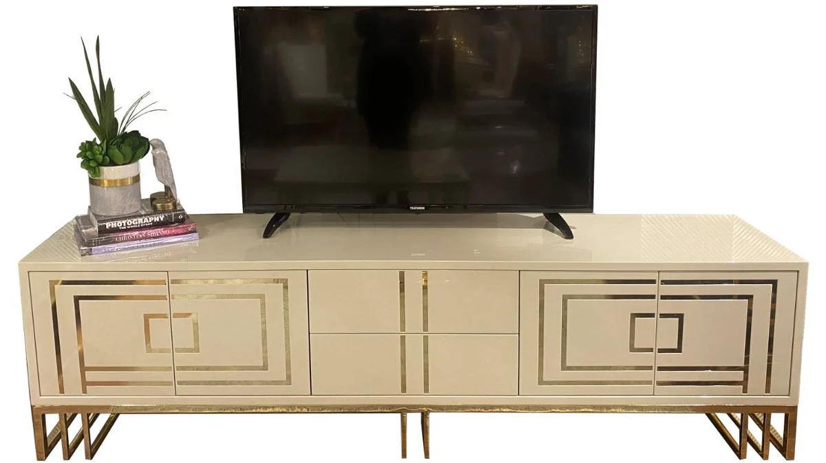 Casa Padrino gabinete TV de lujo crema / oro 220 x 45 x A. 60 cm - Gabinete de televisión noble con 4 puertas y 2 cajones - Muebles de sala de estar de lujo