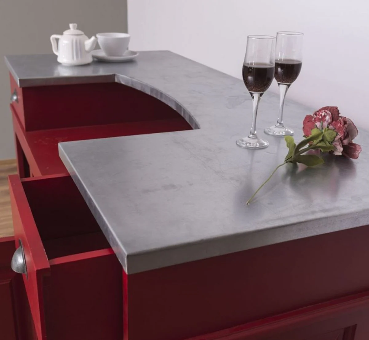 Casa Padrino barra de bar de estilo campestre rojo / plata 150 x 65 x A. 107 cm - Barra de bar de madera maciza con sobre de mesa galvanizado - Muebles de bar en estilo campestre