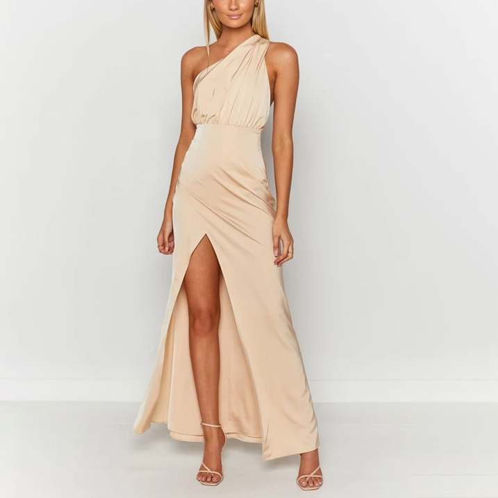 One-shoulder Sexy Tight-fitting Slit Satin Twisted Ladies Dress