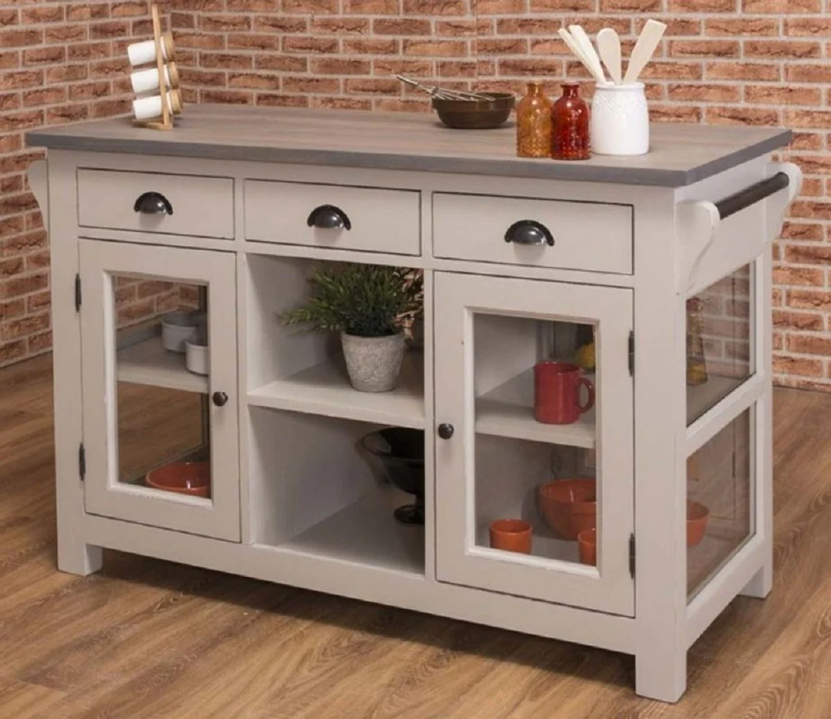 Casa Padrino isla de cocina de estilo campestre gris 135 x 65 x A. 90 cm - Gabinete de cocina de madera maciza - Mueble de comedor de madera maciza estilo campestre