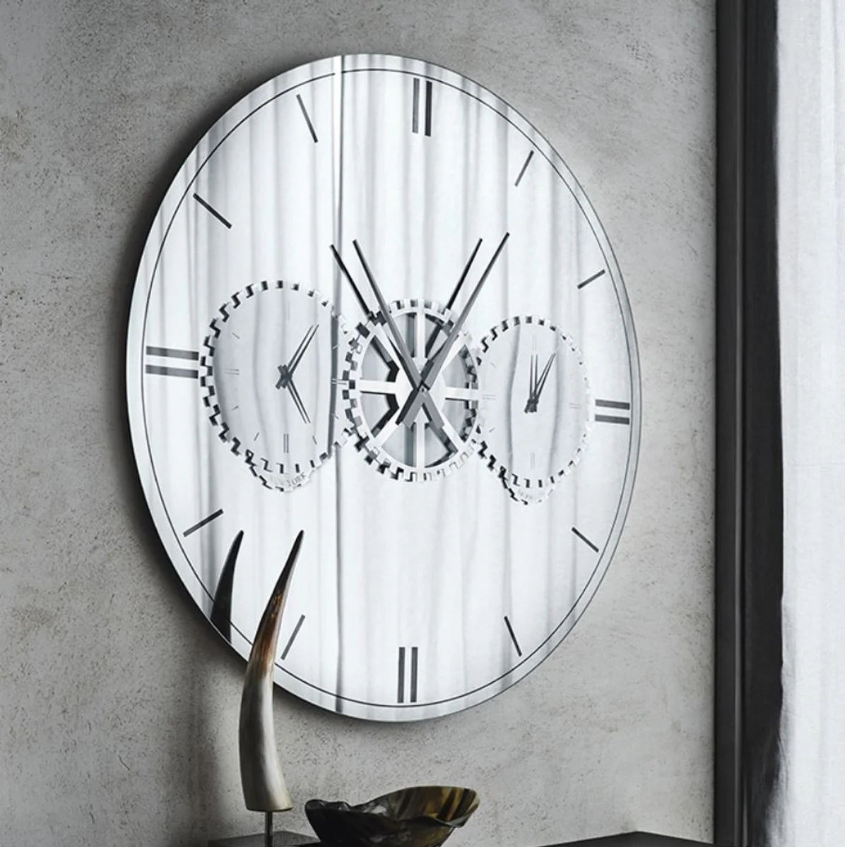Casa Padrino espejo de pared / reloj de pared de lujo plata Ø 120 cm - Elegante reloj de pared redondo con espejo - Muebles de Salón - Calidad de Lujo
