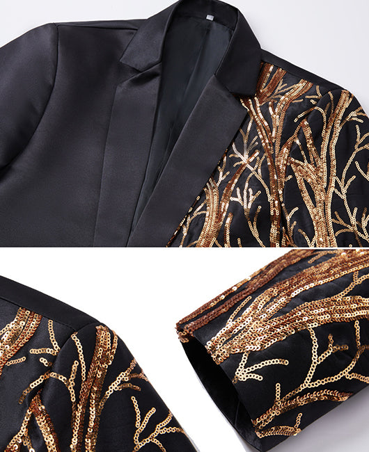 Glamorous  Plain  Embroidery Gold Branch Print Sequins One Button Blazer