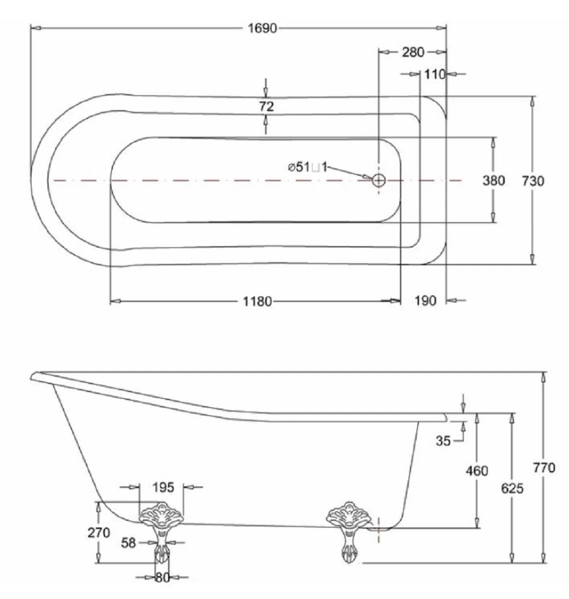 Casa Padrino bañera Art Nouveau de lujo blanco / plata 169 x 73 x A. 77 cm - Bañera acrílica retro independiente - Mueble de baño retro