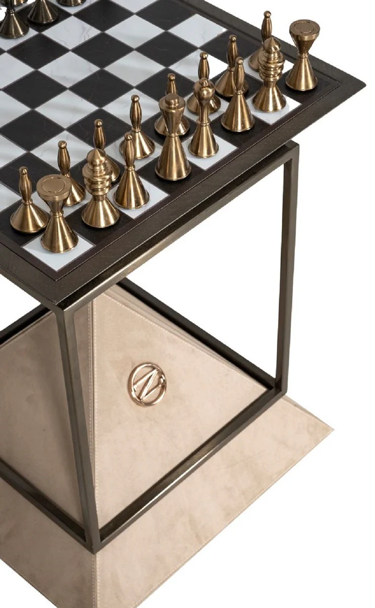 Casa Padrino mesa auxiliar de ajedrez de lujo marr¨®n oscuro / blanco / beige / bronce 50 x 50 x A. 70 cm - Mesa auxiliar de sal¨®n - Mesa de hotel - Muebles de sal¨®n - Muebles de hotel