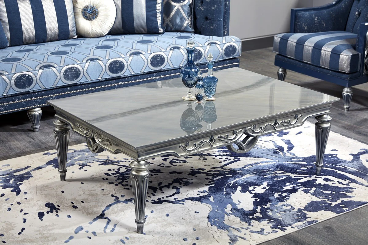 Casa Padrino conjunto de sala de estar barroco de lujo azul oscuro / azul claro / plata - Sof¨¢ y 2 Sillones y Mesa de Centro - Muebles de Sal¨®n Barrocos