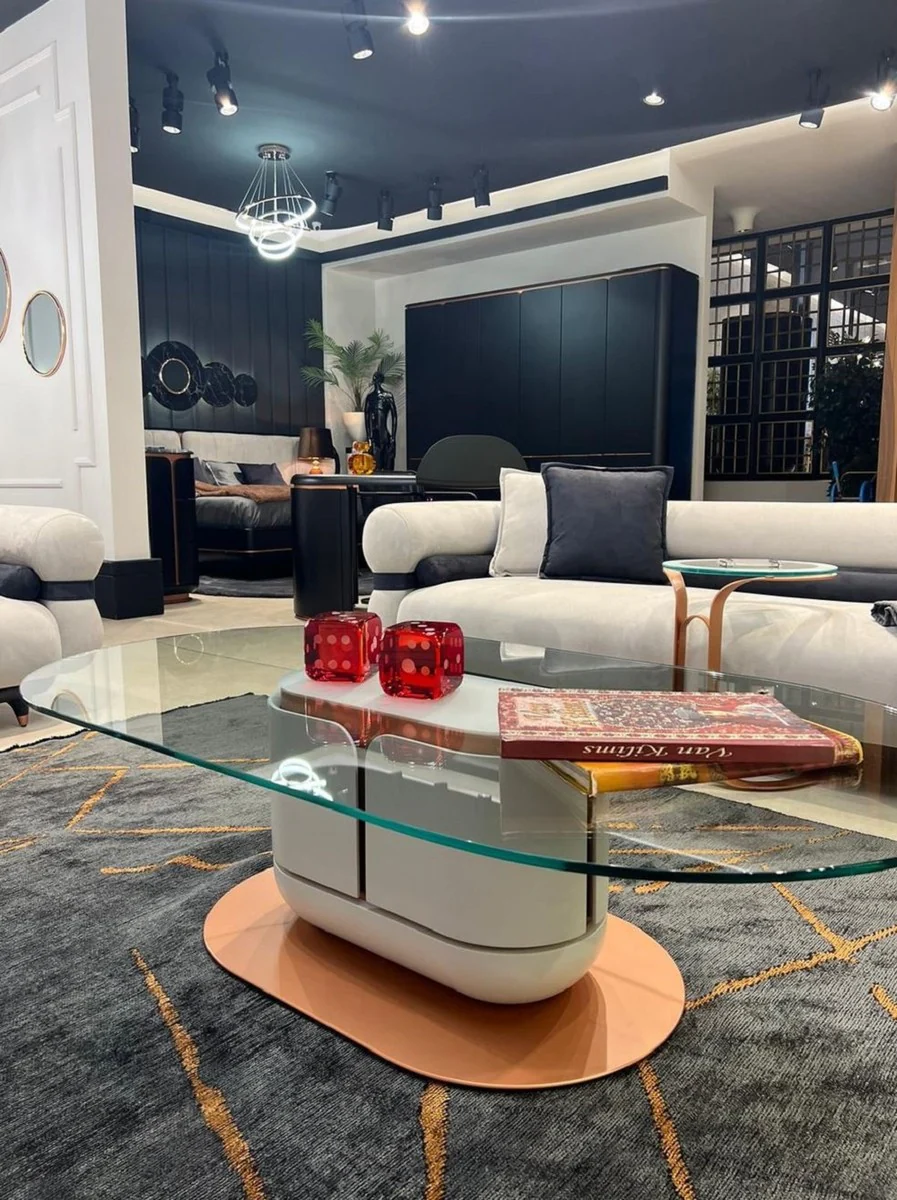 Casa Padrino mesa de centro de lujo blanco / cobre 150 x 80 x A. 40 cm - Mesa de sal¨®n con tapa de vidrio - Muebles de sal¨®n - Muebles de hotel - Muebles de lujo - Interiores de lujo