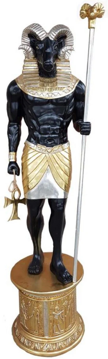 Casa Padrino escultura decorativa dios egipcio Chnum negro / oro / plata A. 250 cm - Enorme figura decorativa egipcia resistente a la intemperie con pedestal - Decoración de Jardín y Terraza