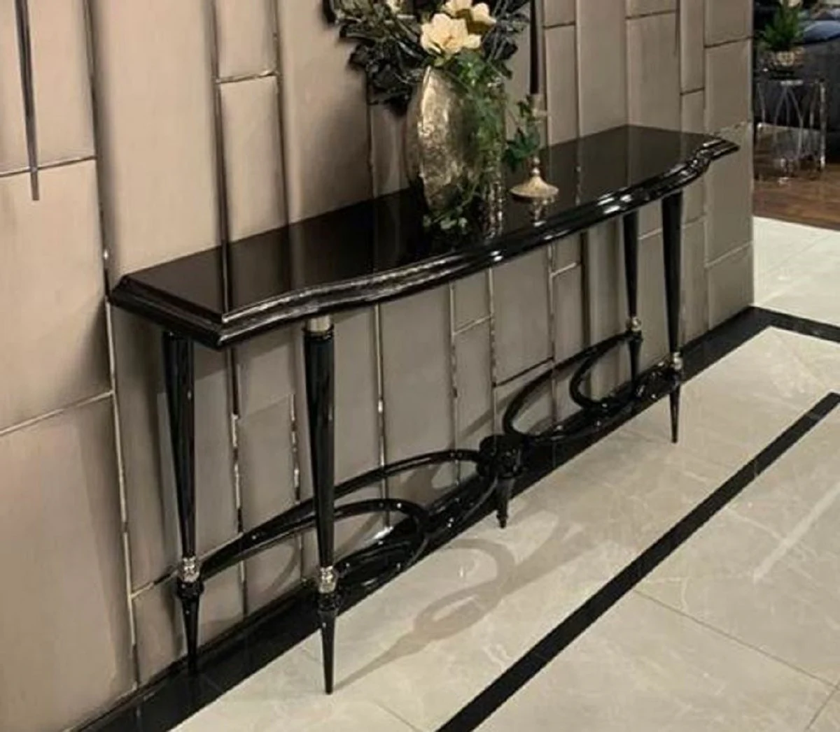 Casa Padrino consola Art Deco de lujo negro / plata - Magn¨ªfica consola de madera maciza - Muebles Art Deco de Lujo