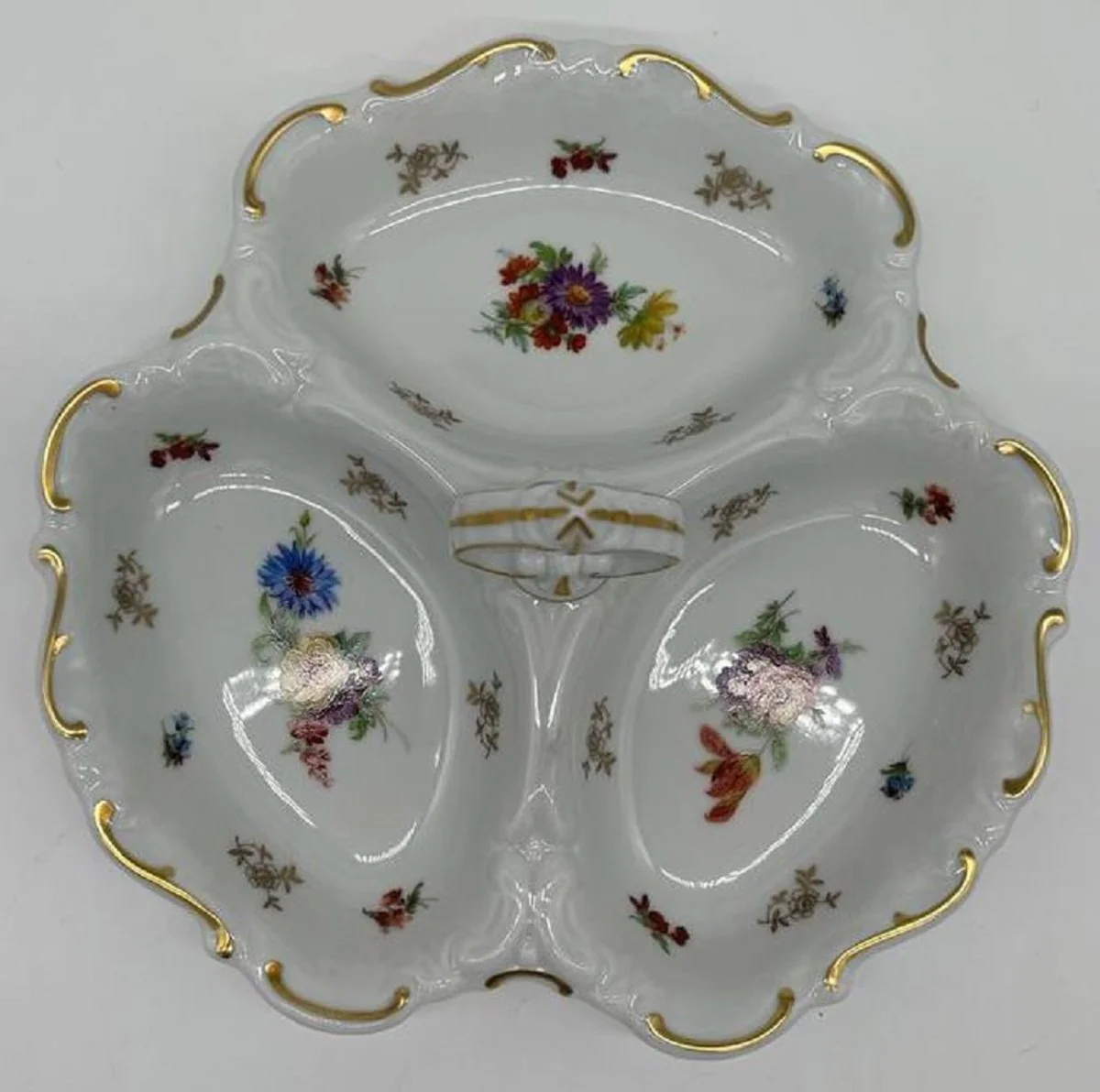 Casa Padrino Cuenco de Servicio de Porcelana Barroca de Lujo con Asa Blanco / Multicolor / Oro ? 25 cm - Cuenco para Frutos Secos y Pasteler¨ªa - Reichenbach Porzellan - Hecho en Alemania