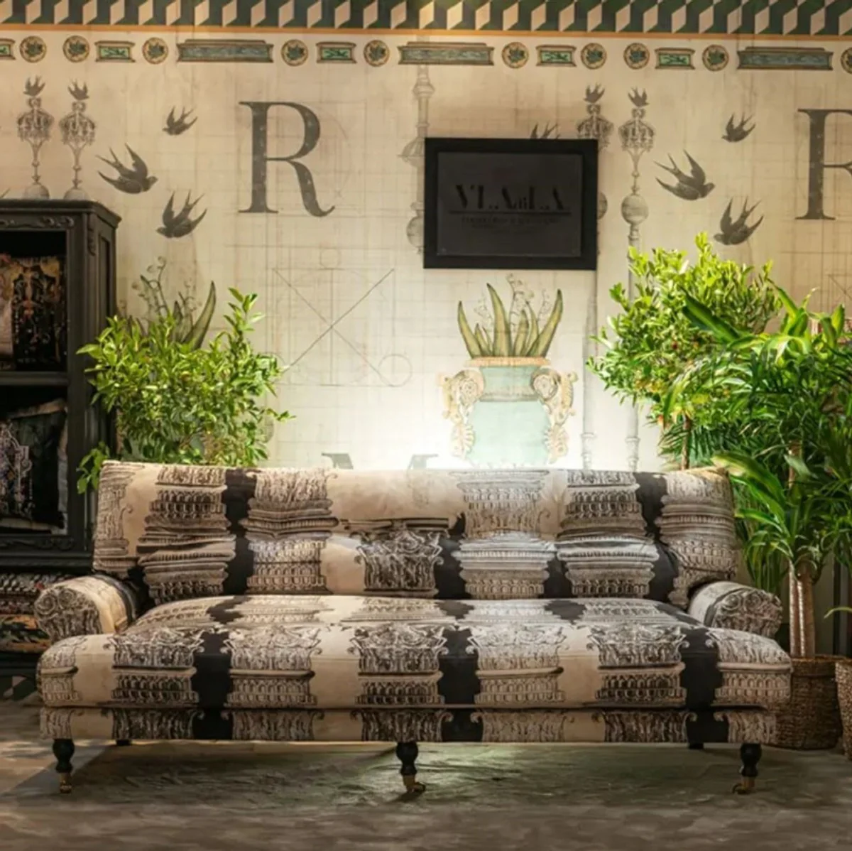 Casa Padrino sof¨¢ de terciopelo de lujo crema / blanco / negro / lat¨®n 200 x 100 x A. 87 cm - Sof¨¢ de sal¨®n - Sof¨¢ de hotel - Muebles de sal¨®n - Muebles de hotel - Muebles de lujo