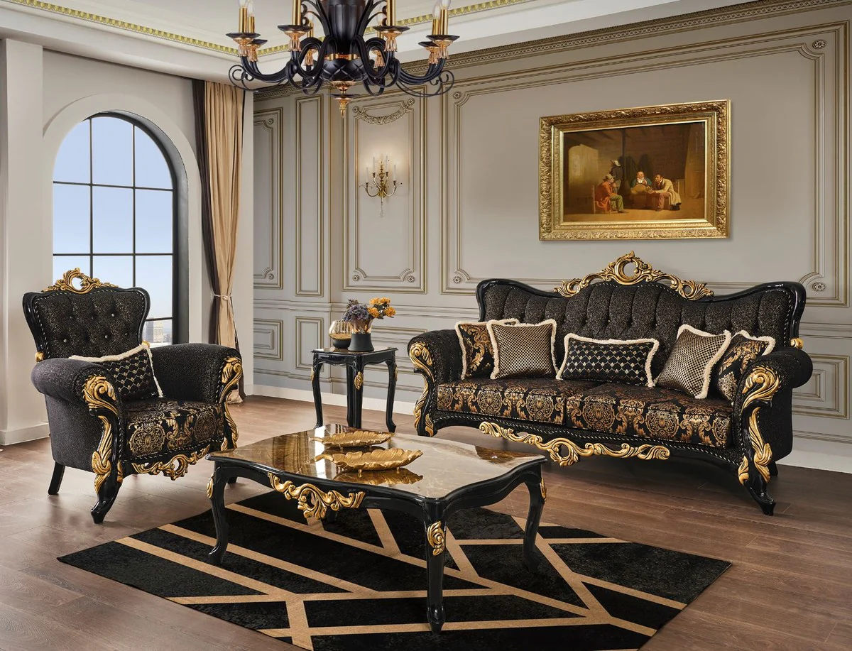 Casa Padrino sof¨¢ barroco de lujo negro / oro 230 x 80 x A. 126 cm - Magn¨ªfico sof¨¢ de sal¨®n con patr¨®n elegante y cojines decorativos - Muebles de sal¨®n barrocos