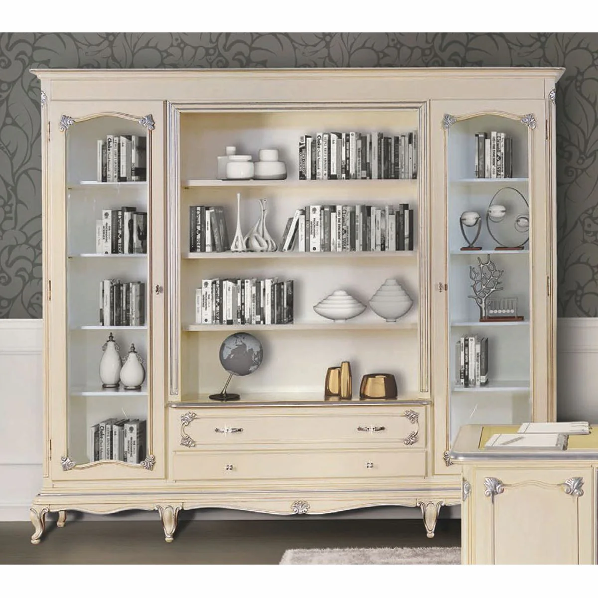 Casa Padrino armario de libros barroco de lujo crema / plata 250 cm - Hecho en Italia